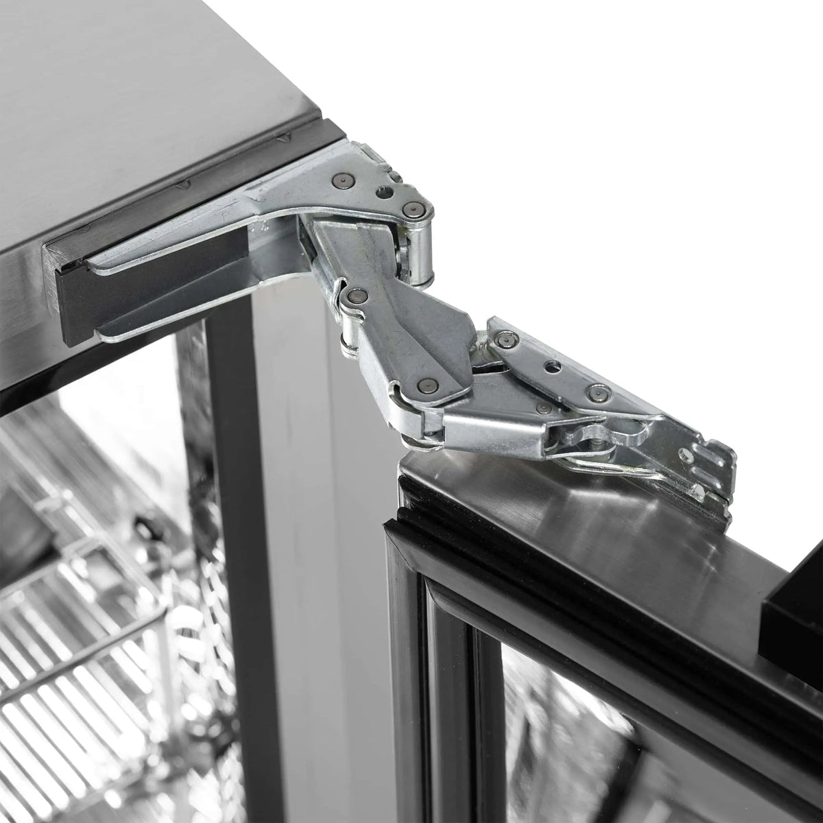 Silver-toned metal hinge with sleek industrial design connecting two cabinet doors on blastcool extremis ixp1 integrated outdoor fridge
