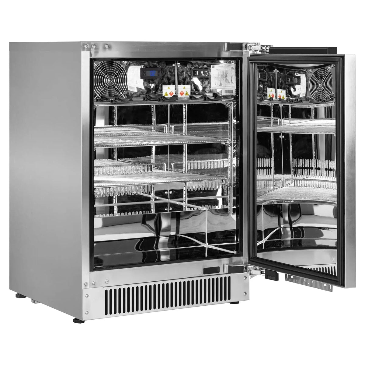 Blastcool extremis ixp1 integrated outdoor fridge is a stainless steel commercial beverage refrigerator with glass doors and wire shelves