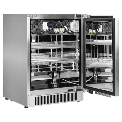 Blastcool extremis ixp1 integrated outdoor fridge is a stainless steel commercial beverage refrigerator with glass doors and wire shelves