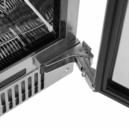 Stainless steel hinge on the modern gray blastcool extremis ixp1 integrated outdoor fridge door