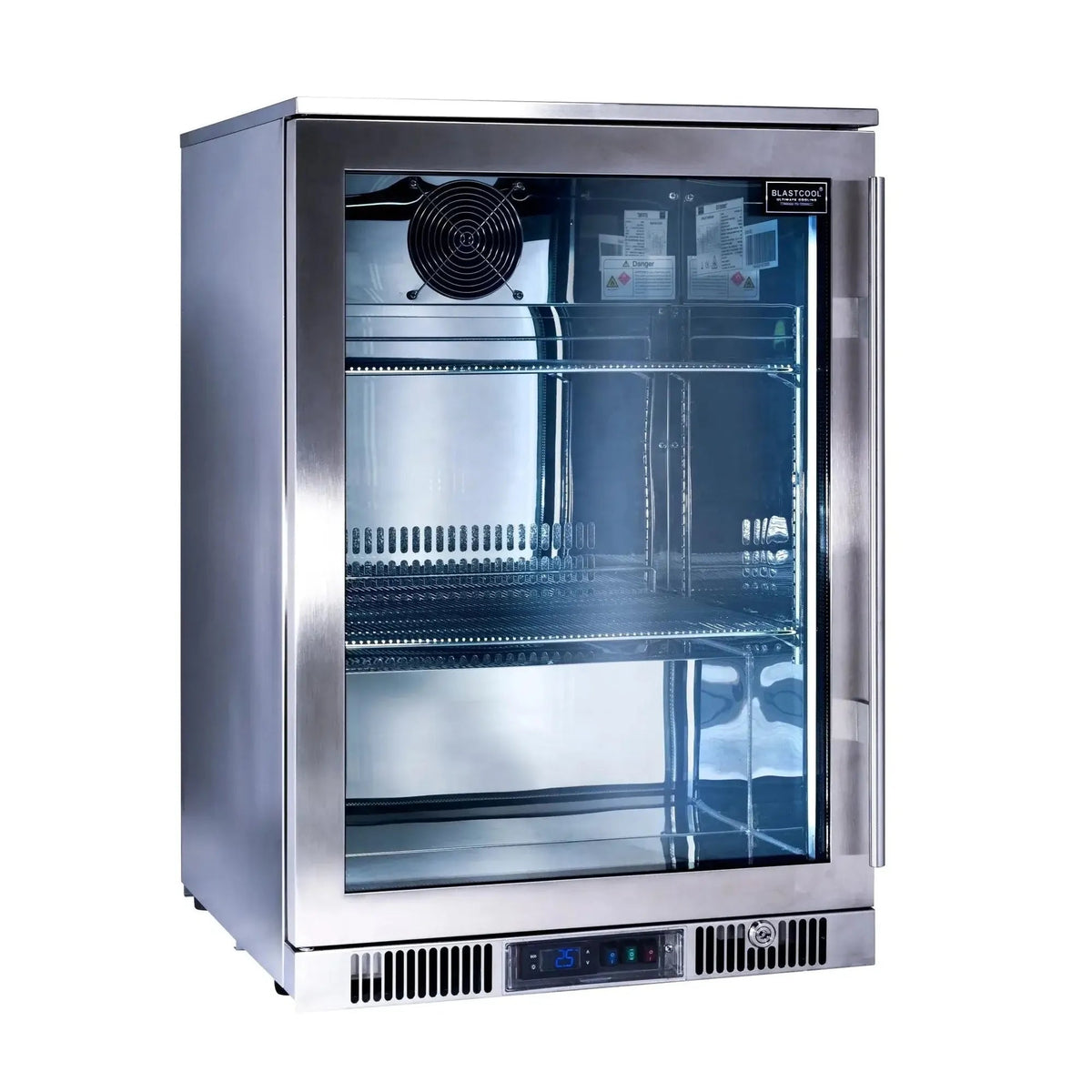 Blastcool Extremis XP1 premium stainless steel glass-door beverage fridge with three adjustable shelves and digital control panel