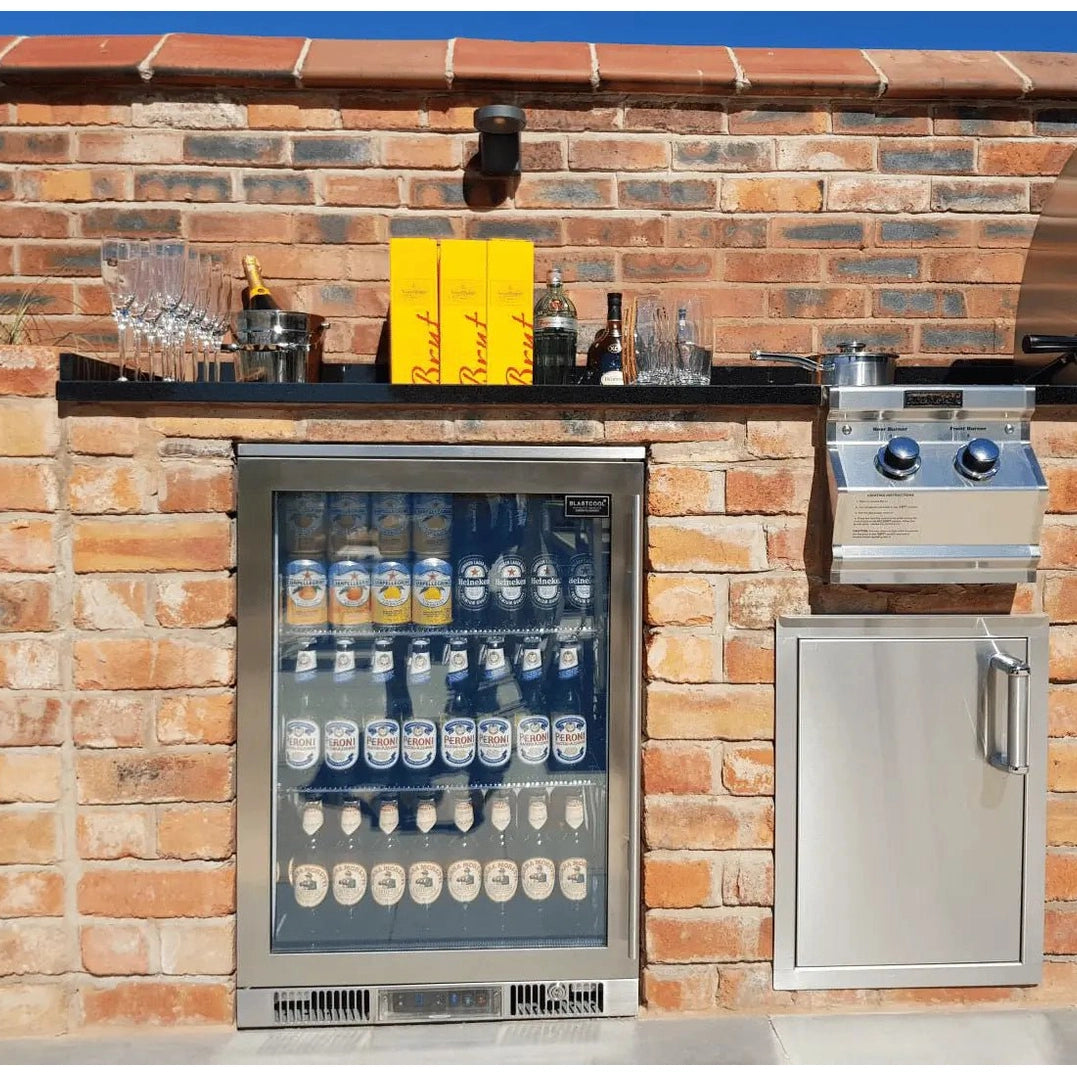 Blastcool Extremis XP1 premium outdoor beverage fridge stainless steel glass door shelves stocked with beer cans