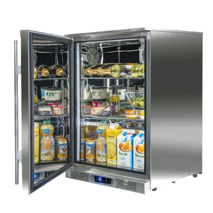Stainless steel two-door glass beverage refrigerator with interior shelving stocked with drinks blastcool extremis xp1 premium outdoor fridge