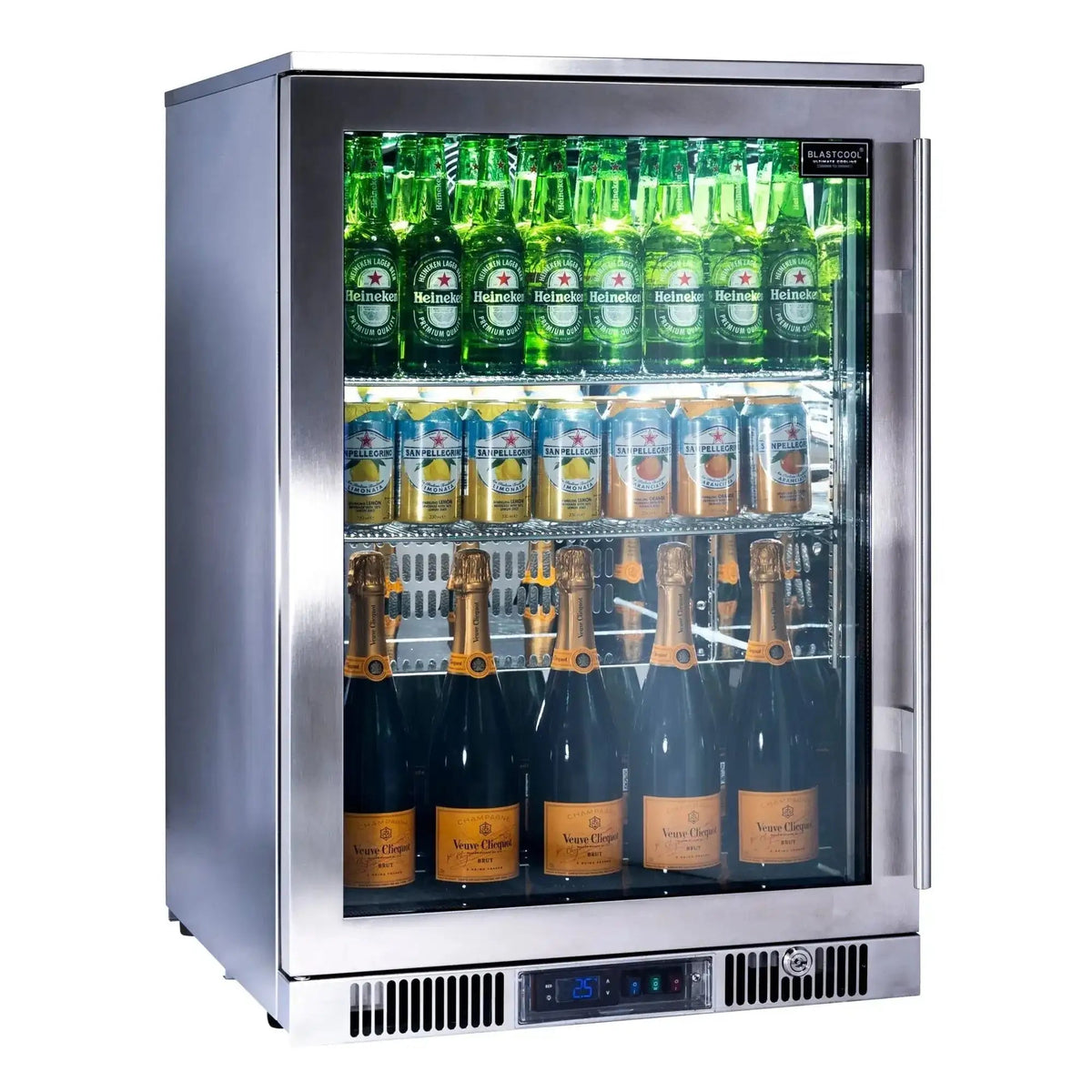 Blastcool extremis xp1 stainless steel outdoor beverage fridge with glass door digital display and heineken bottles