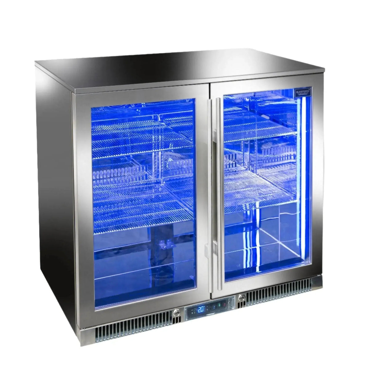 Blastcool extremis xp2 premium outdoor beverage fridge stainless steel double-door with blue interior lighting and glass doors