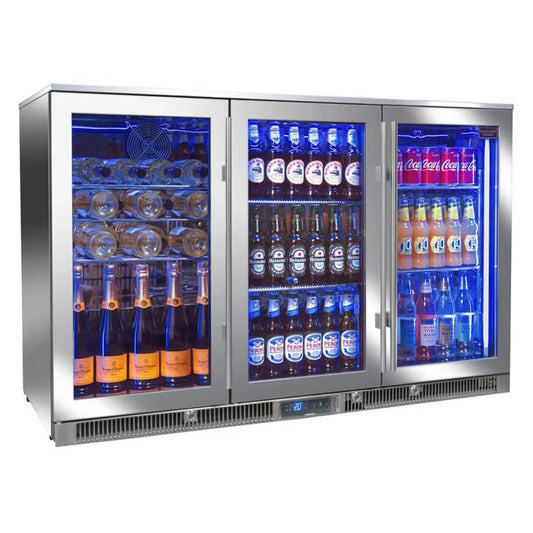 Blastcool Extremis XP3 premium outdoor beverage fridge triple door stainless steel with blue interior lighting and glass doors