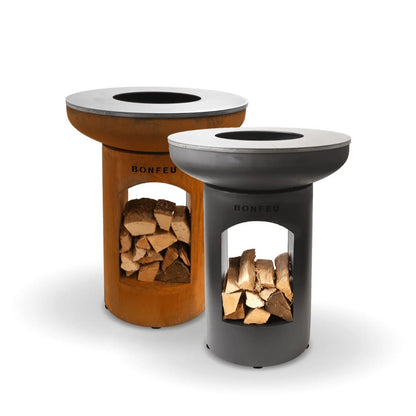 Two bonfeu bonbiza open plancha grill fire pits in rusted steel and matte black with central wood burning openings