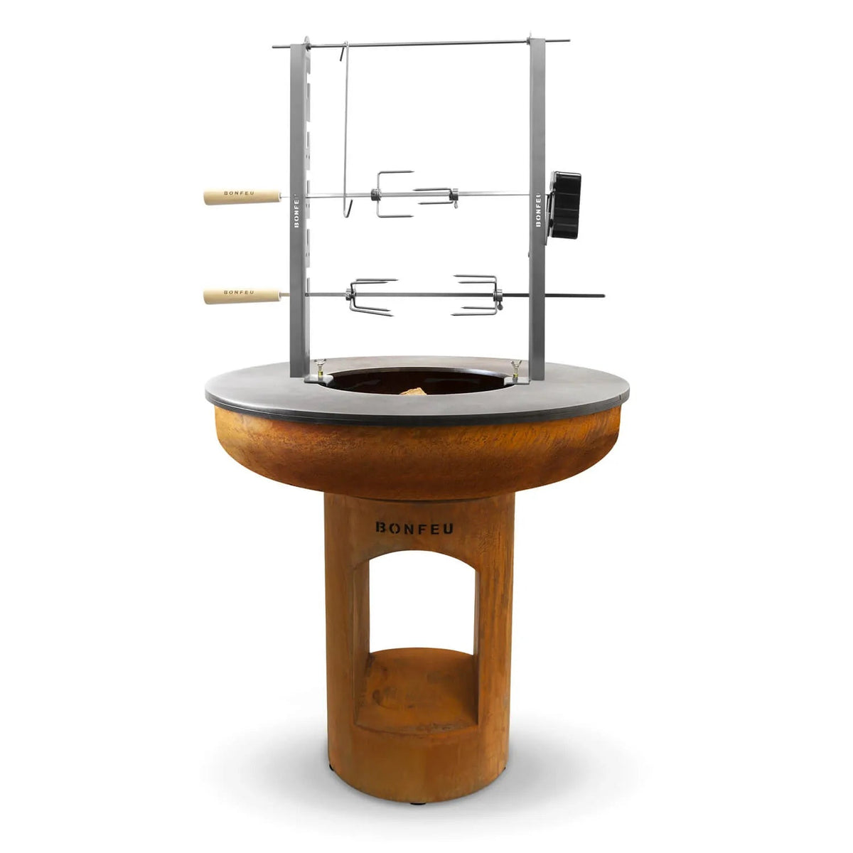 Rustic copper bonfeu bonbiza xl plancha grill fire pit in corten steel with gray stone top and wooden handles