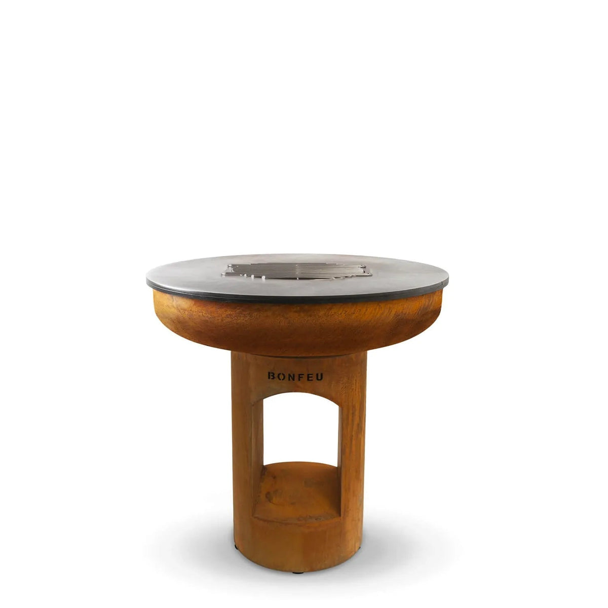 Rustic copper-colored corten steel bonfeu bonbiza xl plancha grill with sleek silver cooking surface and engraved base