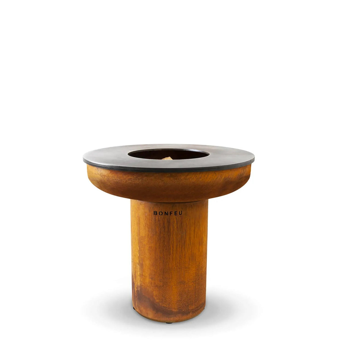 Rust-colored corten steel BonFeu BonBiza XL plancha grill and fire pit with black top and engraved brand name base
