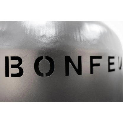 Silver metallic bonfeu bottle with black lettering etched on surface for bonfeu bonbono large outdoor fireplace