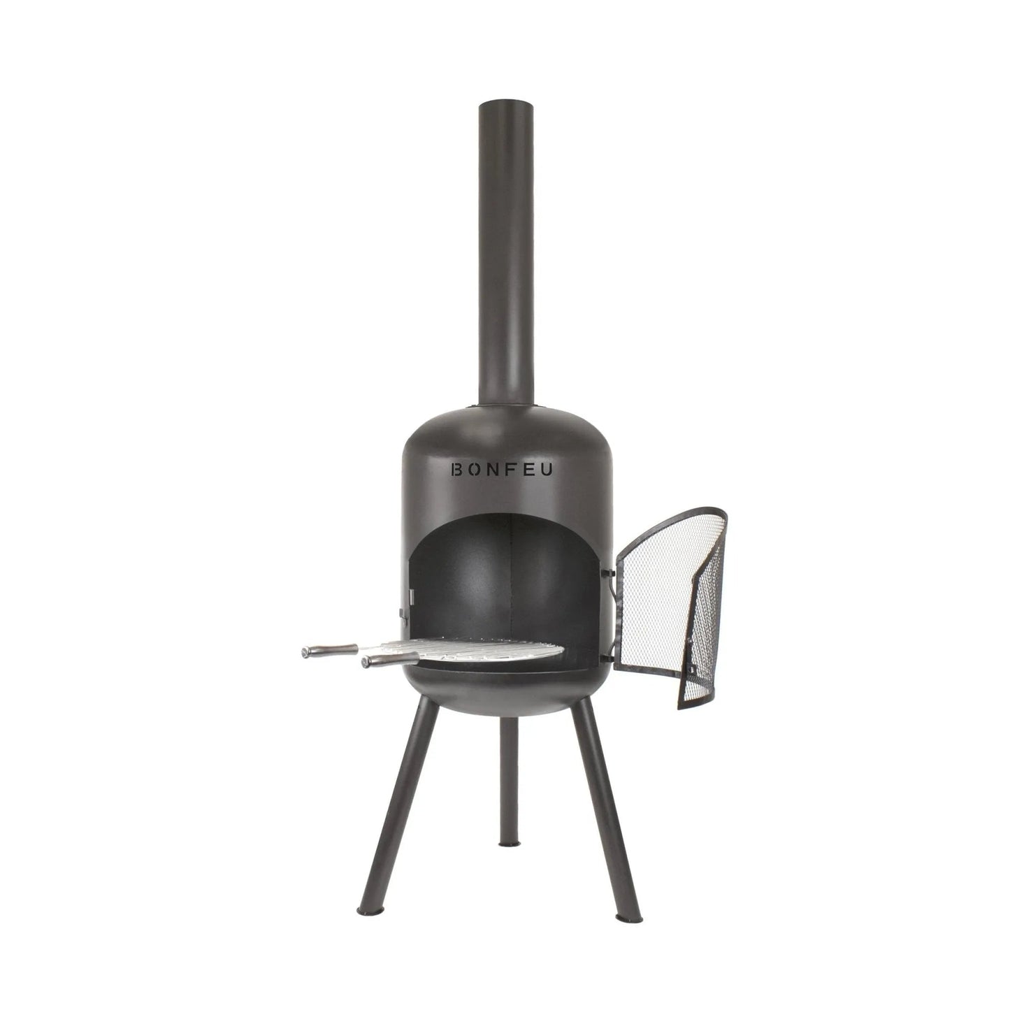 Black metal bonfeu bonbono large outdoor fireplace with mesh side door and flat cooking surface