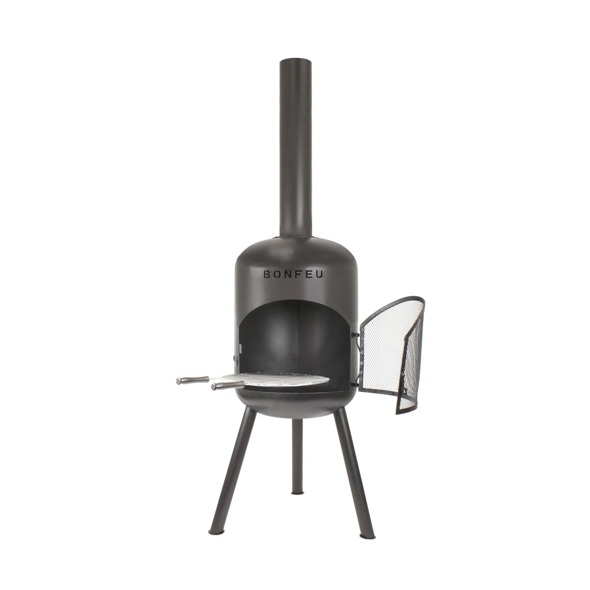 Black metal bonfeu bonbono large outdoor fireplace with mesh side door and flat cooking surface
