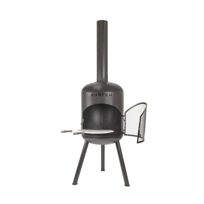 Black metal bonfeu bonbono large outdoor fireplace with mesh side door and flat cooking surface