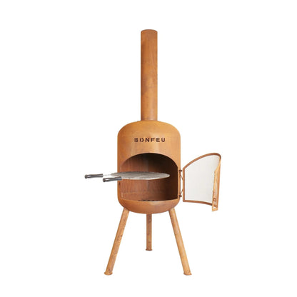 Rustic copper-colored bonfeu bonbon large outdoor fireplace with tall chimney tripod legs made of corten steel