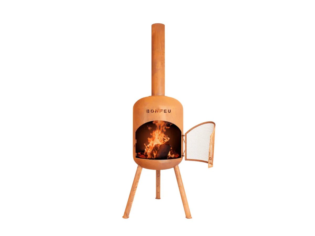 Rustic copper-colored bonfeu bonbono large outdoor chiminea with tall chimney mesh door on three wooden legs