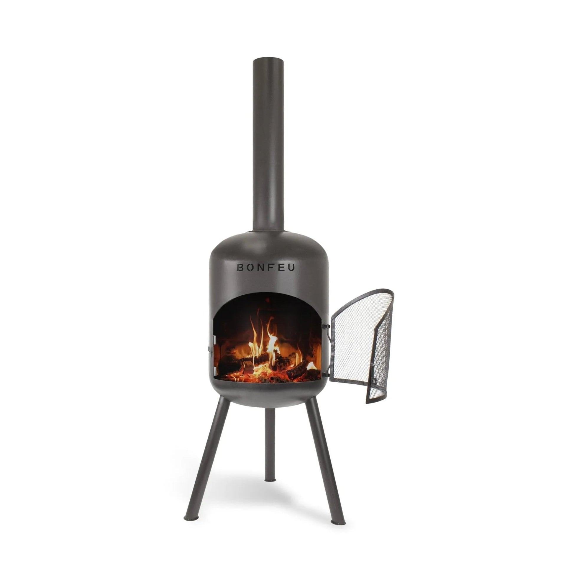 Black metal bonfeu bonbono large outdoor chiminea with mesh door and visible fire inside for backyard use