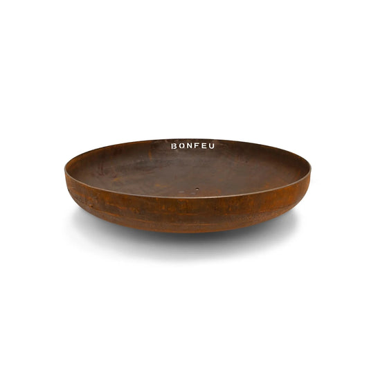 Rust-colored hammered corten steel fire pit bowl with bonfeu branding for outdoor fire pit use