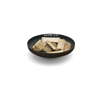 Black ceramic firewood bowl with bonfeu branding for bonfeu bonbowl corten steel fire pit use