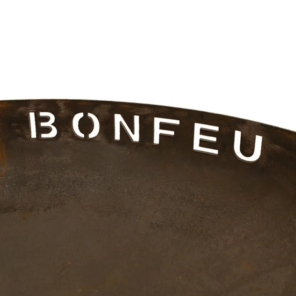 Dark rusted corten steel bonfeu bonbowl fire bowl fire pit with white embossed lettering for outdoor use