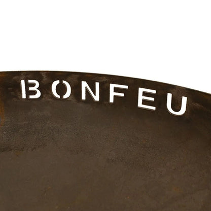 Dark rusted corten steel bonfeu bonbowl fire bowl fire pit with white embossed lettering for outdoor use