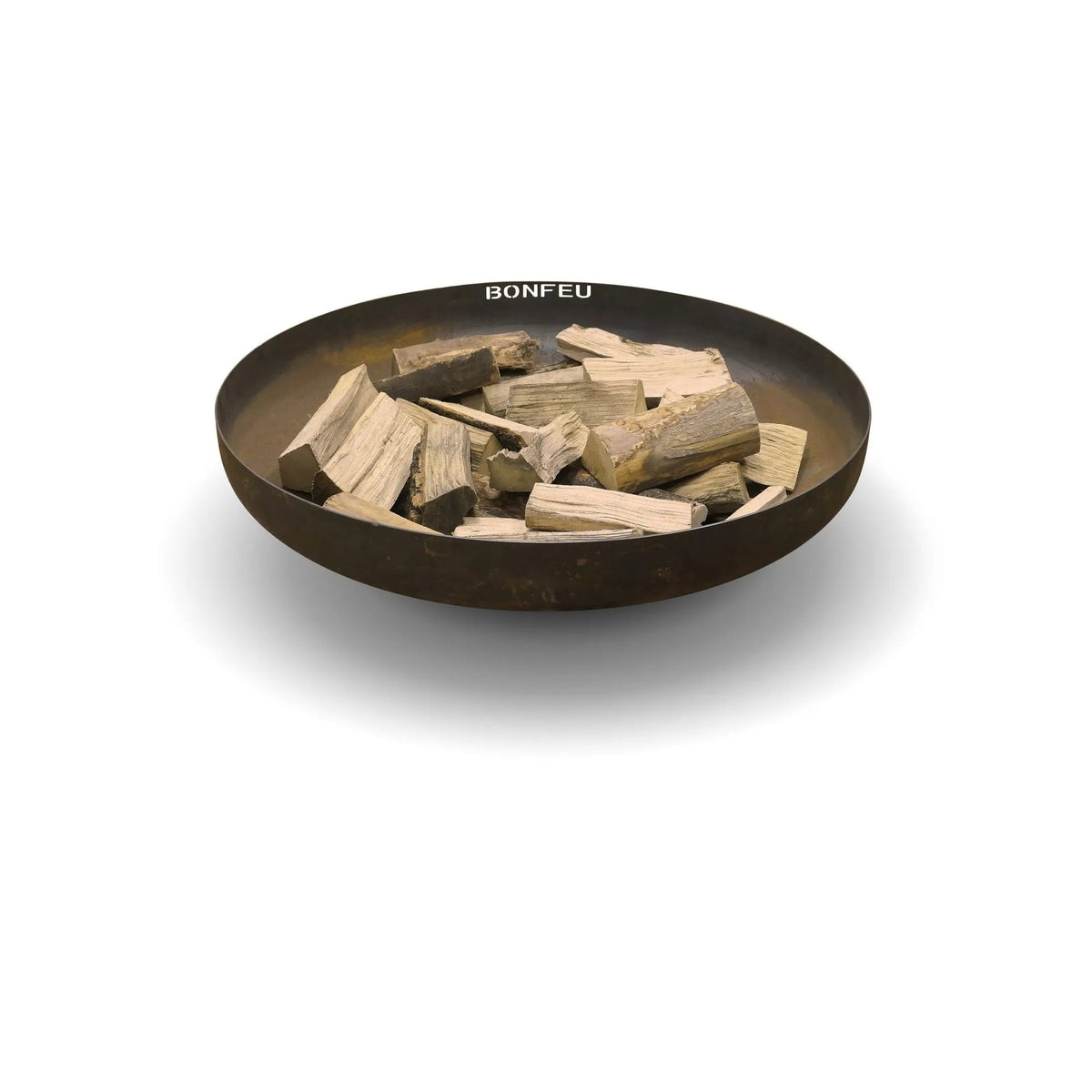 Dark bronze corten steel bonfeu bonbowl fire pit bowl with engraved rim filled with light brown split wood chunks