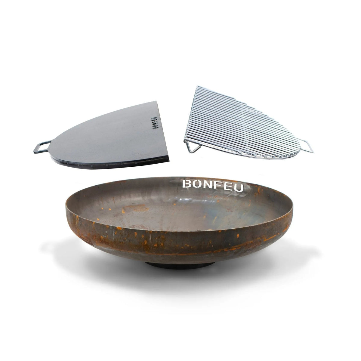 Rusty corten steel bonfeu bonbowl fire bowl with black lid and silver grill rack for outdoor fire pit use