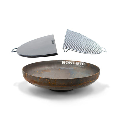 Rusty corten steel bonfeu bonbowl fire bowl with black lid and silver grill rack for outdoor fire pit use
