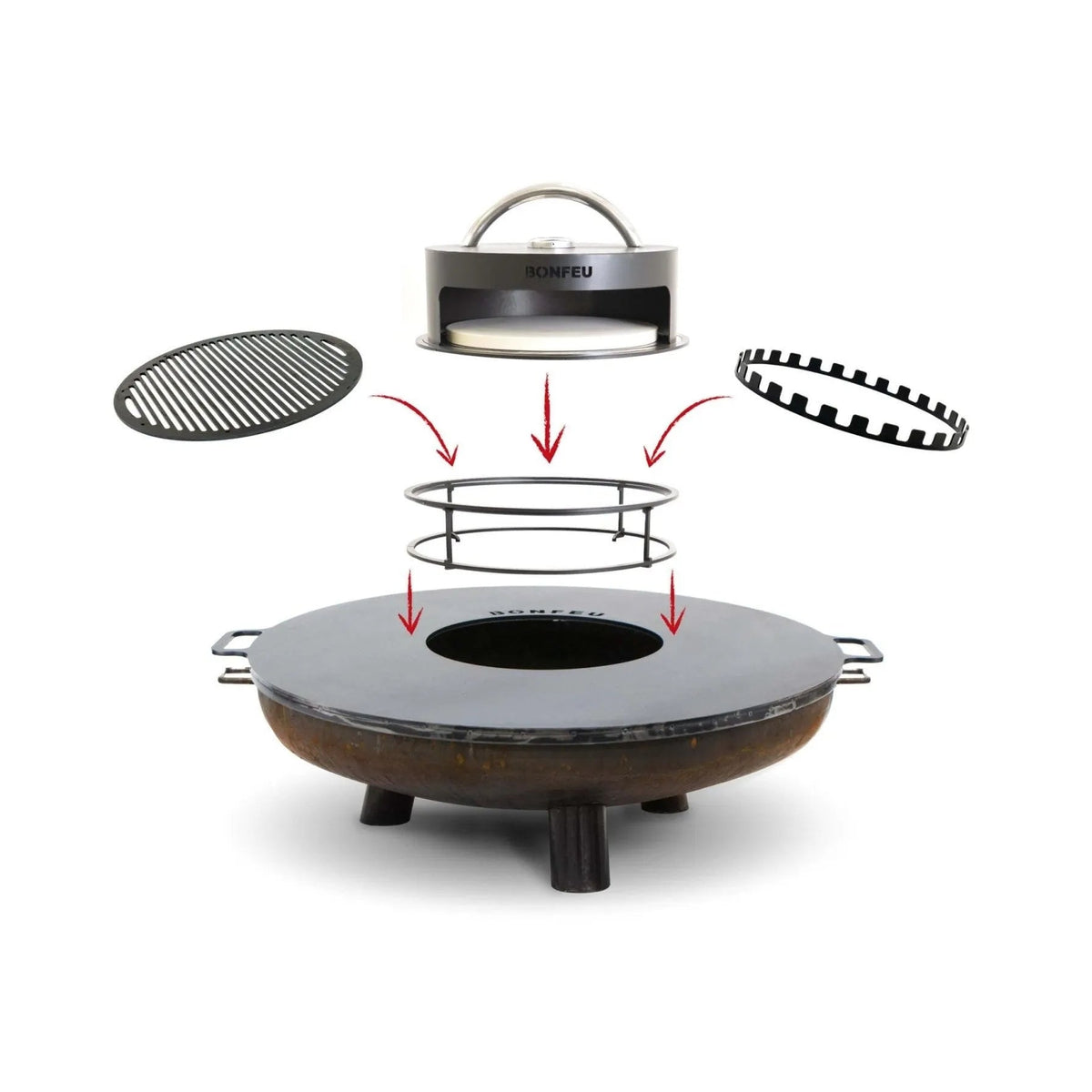 Bronze-colored corten steel bonfeu bonbowl plus fire pit with black metal legs and removable lid branded konfeu