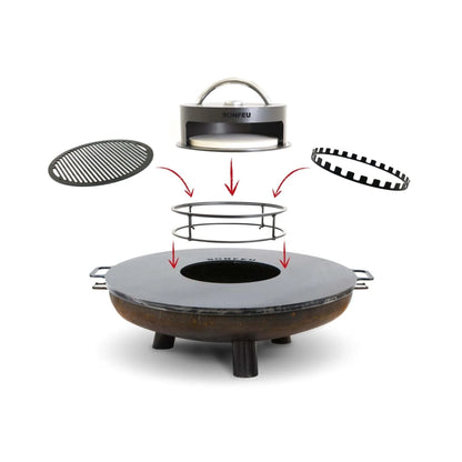 Bronze-colored corten steel bonfeu bonbowl plus fire pit with black metal legs and removable lid branded konfeu