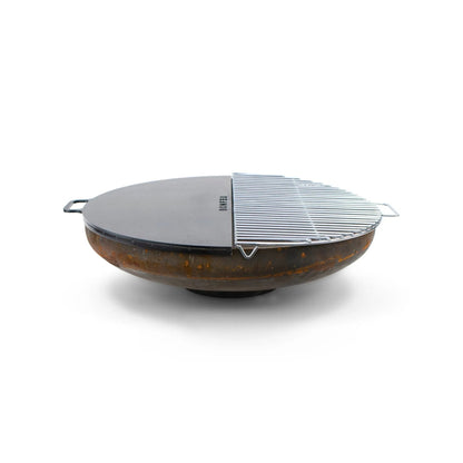 BonFeu BonBowl Plus corten steel fire bowl rust-colored cast iron fire pit with black lid and silver grill