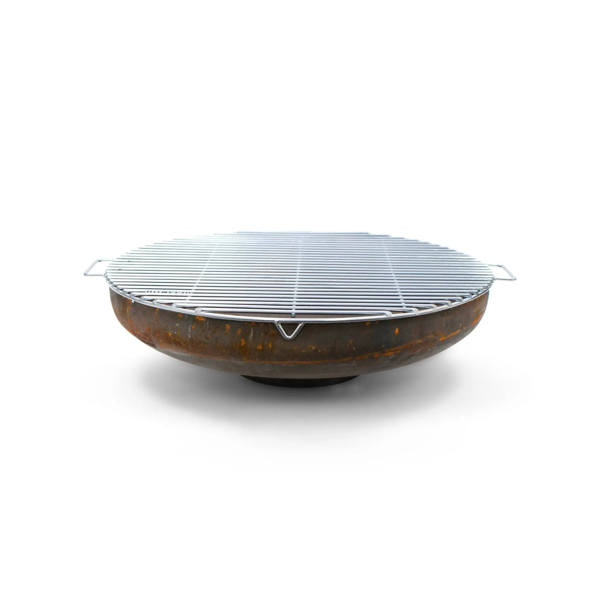 Rustic brown cast iron bonfeu bonbowl plus corten steel fire bowl with silver metal grill for outdoor use