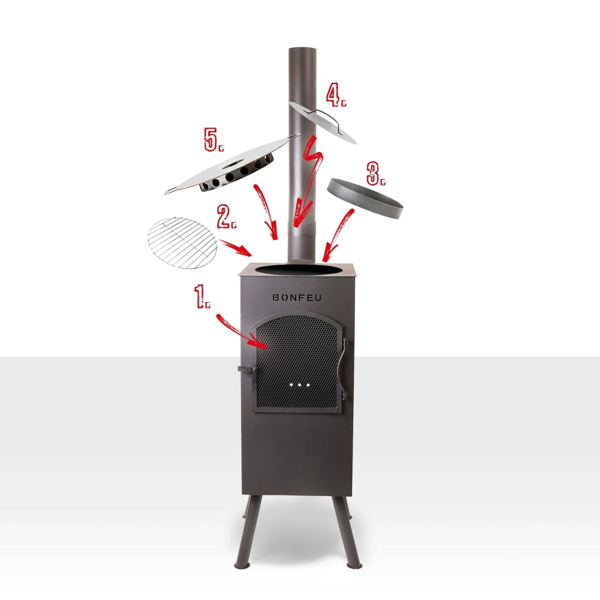 Dark gray metal bonfeu boncarré outdoor wood-burning stove with chimney and detachable grilling components