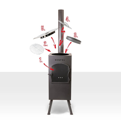 Dark gray metal bonfeu boncarré outdoor wood-burning stove with chimney and detachable grilling components