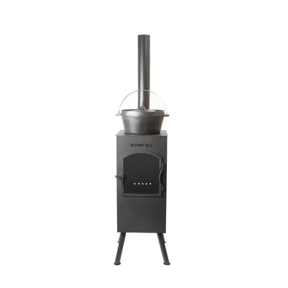 Dark gray metal bonfeu boncarré outdoor wood-burning stove with chimney and cast iron pot on top black 3503