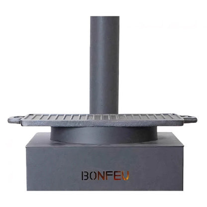 Dark gray cast iron bonfeu boncarré outdoor fireplace with vertical chimney and grating in black 3503 model