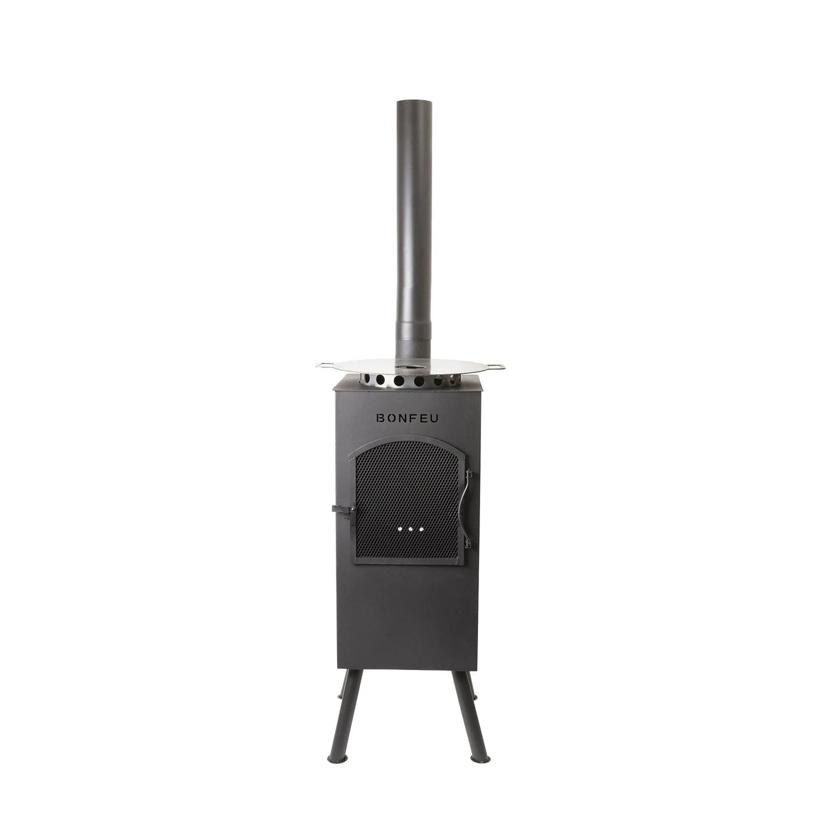 Black metal wood-burning stove bonfeu boncarré outdoor fireplace black 3503 with sleek modern design and vertical chimney