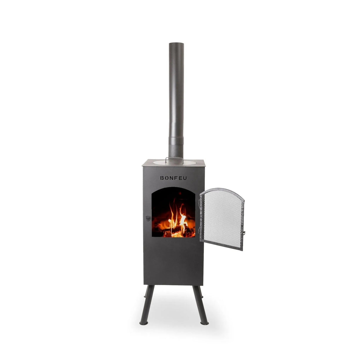 Black metal bonfeu boncarré outdoor wood-burning stove with mesh door and chimney for outdoor use