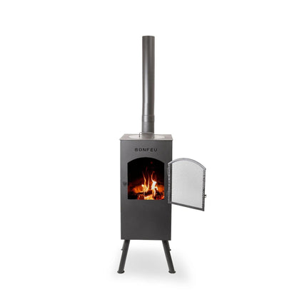 Black metal bonfeu boncarré outdoor wood-burning stove with mesh door and chimney for outdoor use
