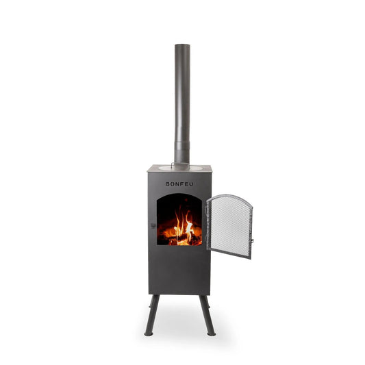 Black metal outdoor wood-burning stove bonfeu boncarré fireplace with mesh door and chimney in black