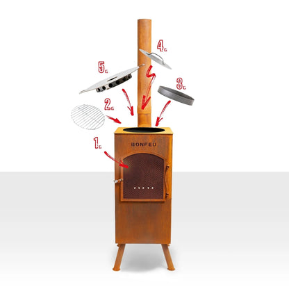 Rust-colored corten steel bonfeu boncarré outdoor wood-burning stove with tall chimney and four grilling accessories