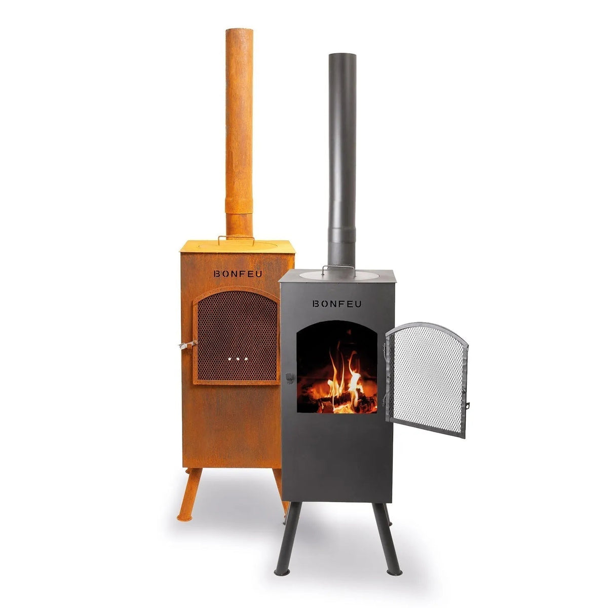 Two bonfeu boncarré outdoor fireplaces in corten steel with metal mesh doors and tall chimneys in orange and black