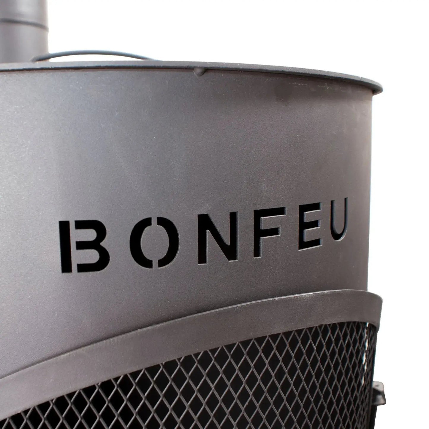Dark gray metal bonfeu bongiano lp outdoor fireplace with bonfeu engraving and diamond mesh screen in black steel