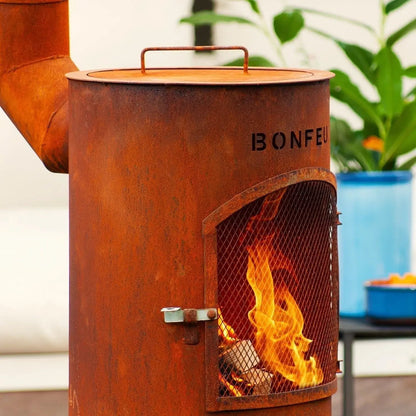 Rusty orange metal bonfire barrel with mesh door and handle bonfeu bongiano sp outdoor fireplace in corten steel