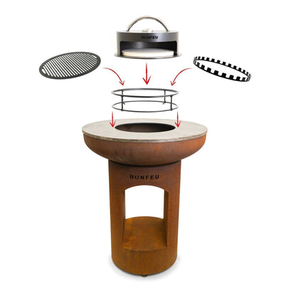Rust-colored steel bonfeu bonpizza pizza oven with removable black grill and circular rack components