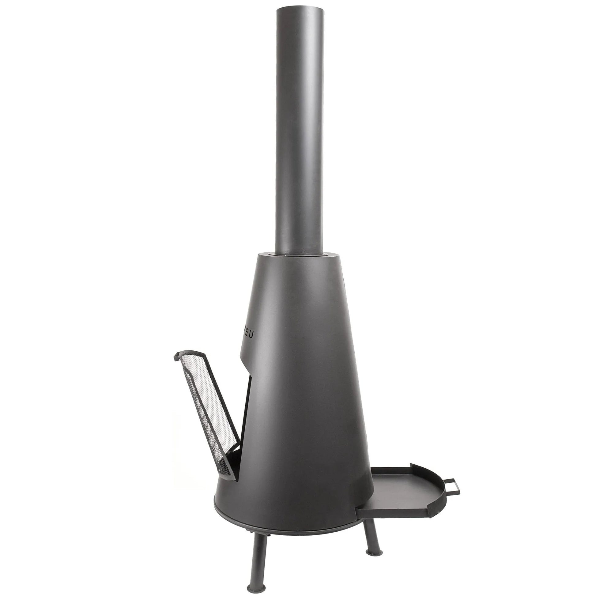Modern matte black metal wood-burning stove bonfeu bonpyra large outdoor fireplace with tall chimney and ash pan
