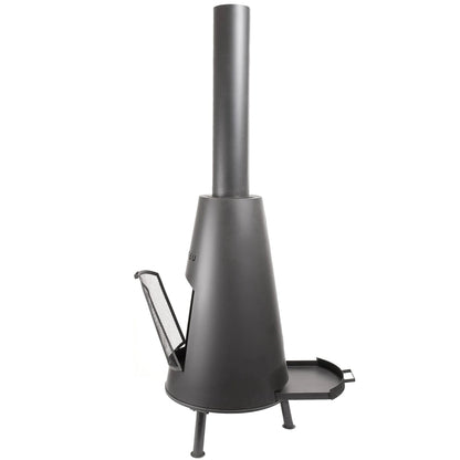 Modern matte black metal wood-burning stove bonfeu bonpyra large outdoor fireplace with tall chimney and ash pan
