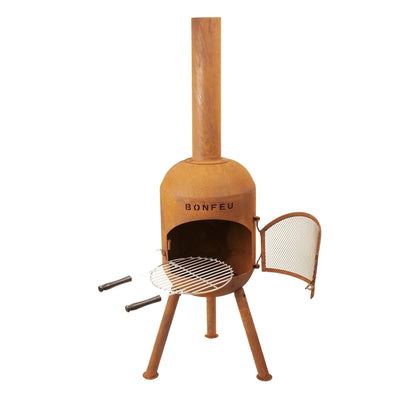 Rust-colored corten steel bonfeu bonsolo outdoor chiminea with tall cylindrical chimney and three legs