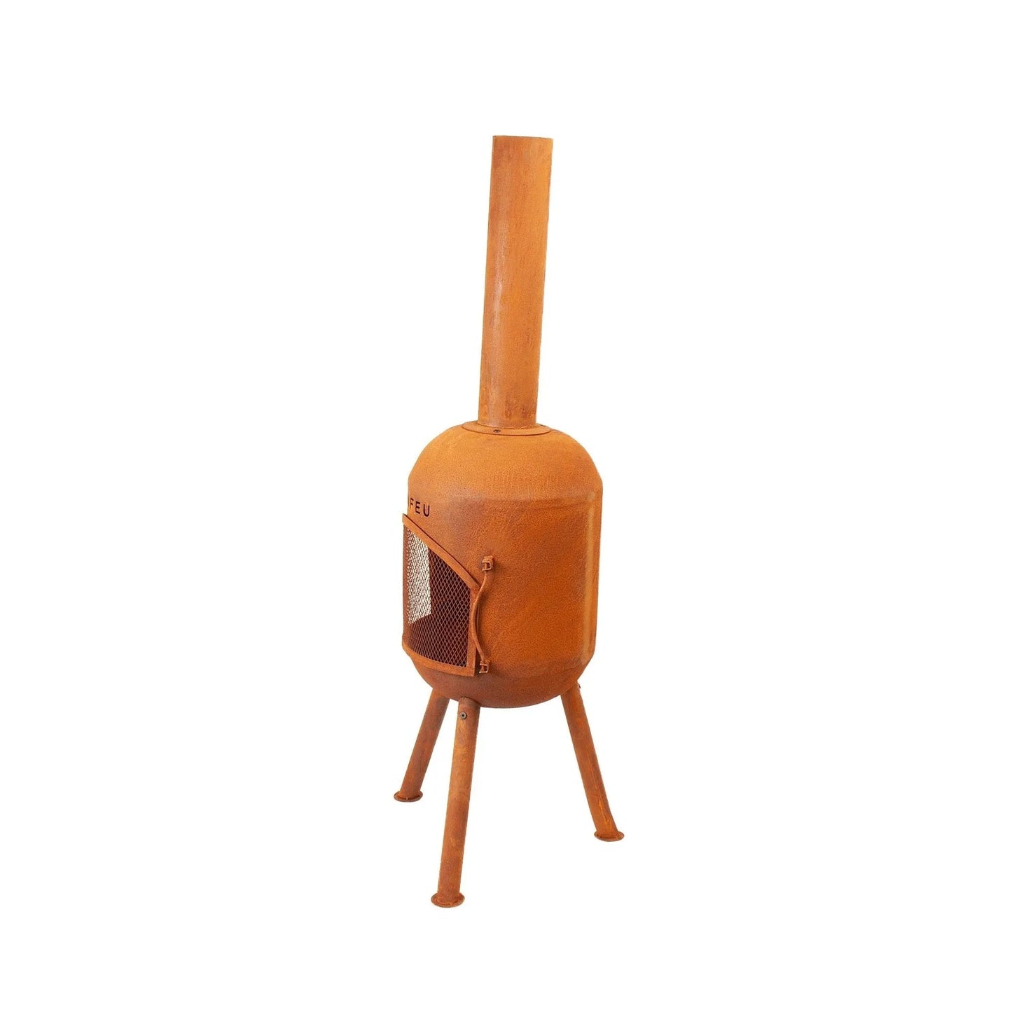 Rust-colored corten steel bonfeu bonsolo outdoor chiminea with cylindrical chimney and tripod base for backyard use