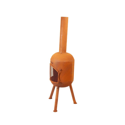 Rust-colored corten steel bonfeu bonsolo outdoor chiminea with cylindrical chimney and tripod base for backyard use